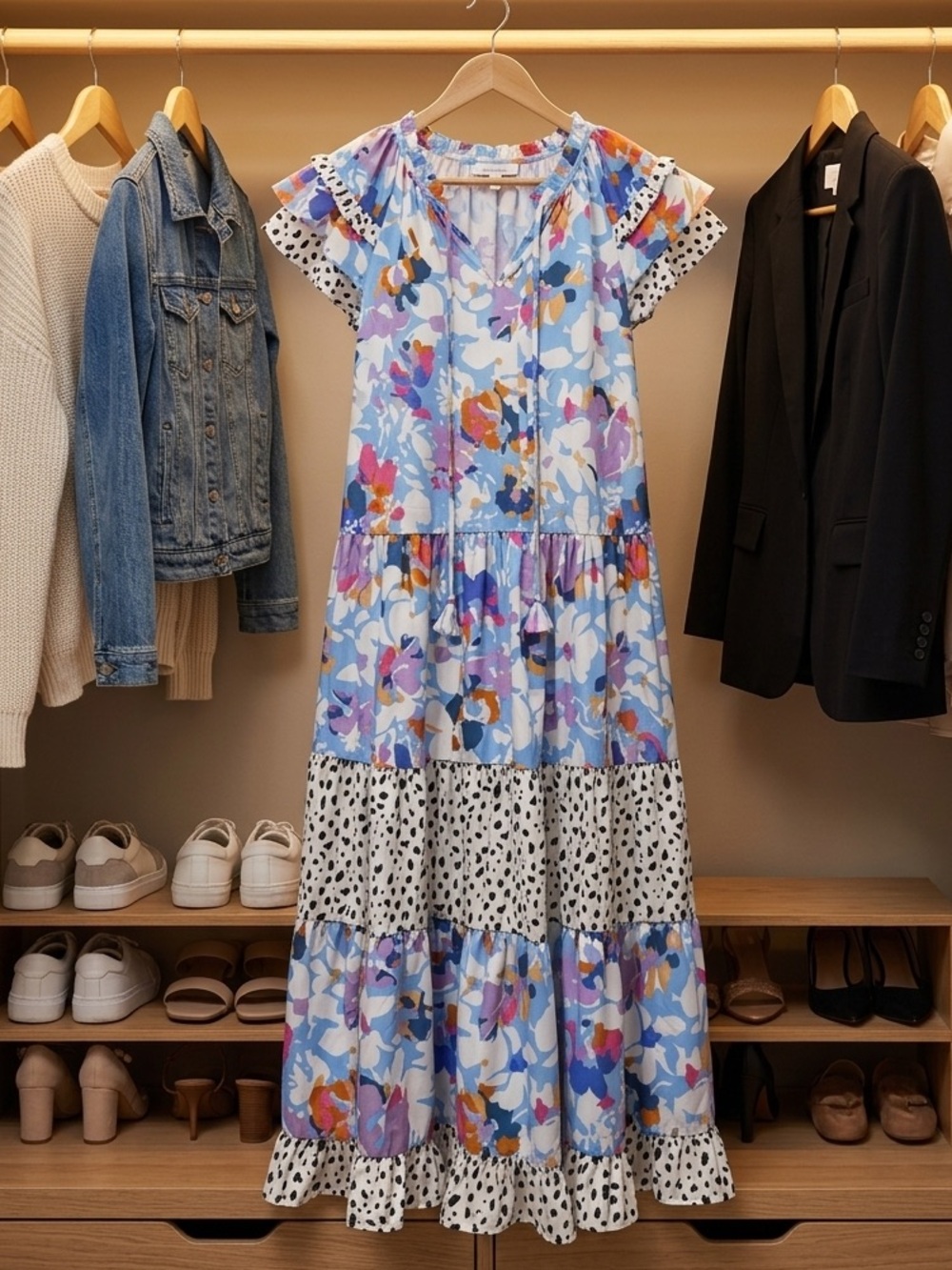 Umgee nwt ptp 19” Floral Tiered Midi Dress in Pastel Blue/black dots - Picture 4 of 9
